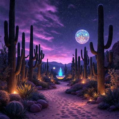 The primary subject of the image is a desert landscape with a dirt road surrounded by cacti. The setting is a nighttime desert scene with a purple sky, creating a serene and moody atmosphere. The visual style is a digital art or illustration, showcasing the artist's creativity and attention to detail. The colors and mood of the image are predominantly purple and dark, with the cacti and dirt road adding a sense of depth and contrast to the scene.